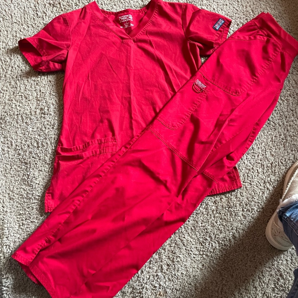 Cherokee Workwear V-Neck Top with matching bottoms in Vibrant Red